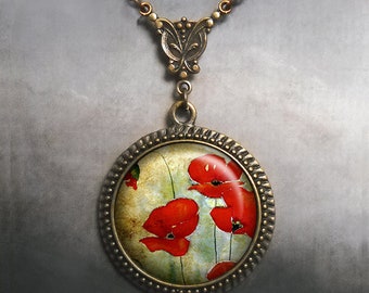 Watercolor Poppies necklace, poppy pendant, poppy necklace, poppy jewelry, poppy jewellery, Memorial Day pendant, poppy art jewelry L42