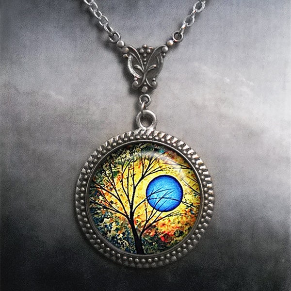 Summer Blue Moon necklace, Art Nouveau Blue moon jewelry tree jewelry full moon jewelry blue moon art necklace G150