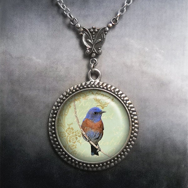 Art Nouveau Bluebird necklace, bluebird jewelry, bird pendant, bird watcher gift nature lover gift bird jewellery gift for her G212