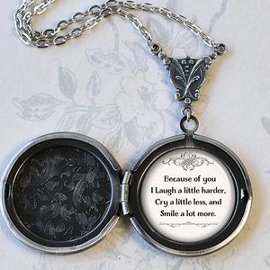 Because of you I laugh a little harder, cry a little less friendship locket bridesmaid gift for best friend vintage photo locket Q72