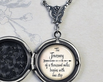 The Journey of a thousand miles begins with one step, Lao Tzu quote locket, graduation gift photo locket encouragement inspiration quote Q47