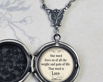 One word frees us ...That word is love, quote locket Sophocles quote on love, romantic Valentine or anniversary gift wedding keepsake locket