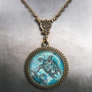 Sea Turtles Art Nouveau necklace, sea turtle jewelry turtle lover gift sea or ocean jewelry marine animal art nautical sea life jewelry G197 image 2