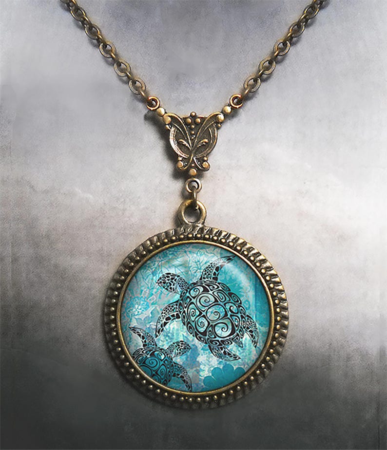 Sea Turtles Art Nouveau necklace, sea turtle jewelry turtle lover gift sea or ocean jewelry marine animal art nautical sea life jewelry G197 image 2