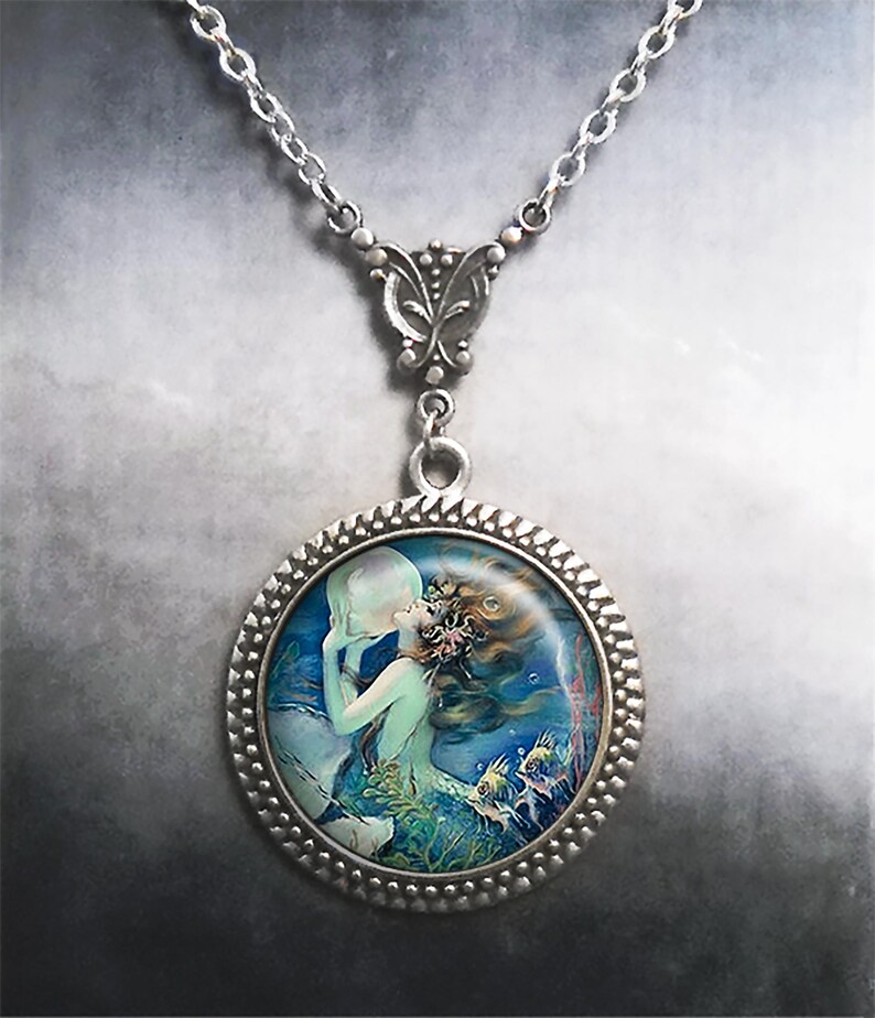 Sirena y perla Art Nouveau, collar de sirena con arte de sirena vintage, joyería de sirena, joyería de arte de fantasía, regalo de sirena imagen 2