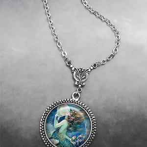 Sirena y perla Art Nouveau, collar de sirena con arte de sirena vintage, joyería de sirena, joyería de arte de fantasía, regalo de sirena imagen 3