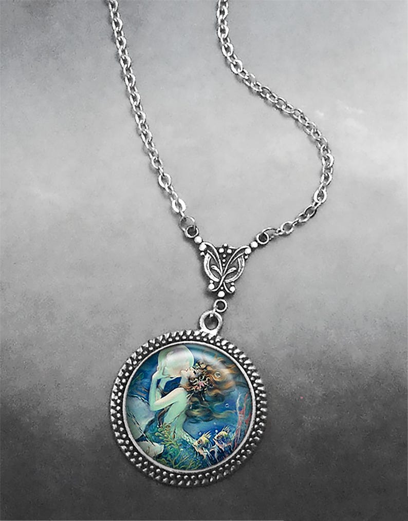 Sirena y perla Art Nouveau, collar de sirena con arte de sirena vintage, joyería de sirena, joyería de arte de fantasía, regalo de sirena imagen 3