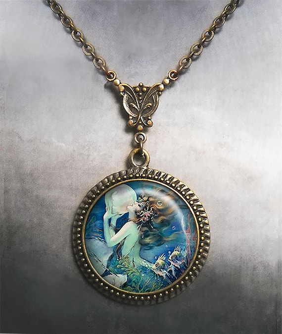 Mermaid and Pearl Art Nouveau, Vintage mermaid art ermaid necklace mermaid jewelry, fantasy art jewelry mermaid gift