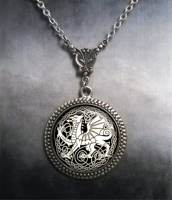 Celtic Art Dragon Photo Cabochon Glass Tibet Silver Chain Pendant Necklace
