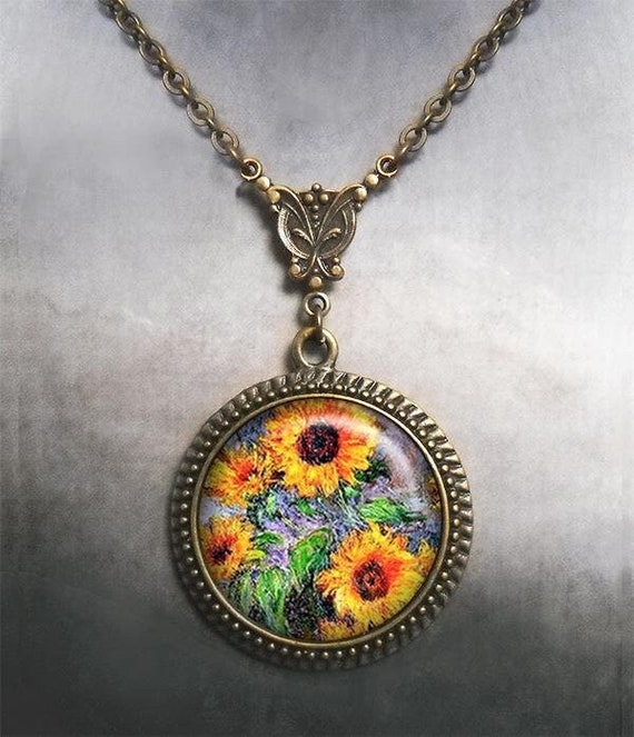 Monet Sunflowers Art Nouveau necklace, Monet sunflower art pendant sunflower jewelry sunflower jewellery Monet art pendant Leo gift G156