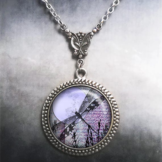 Art Nouveau Lavender Moon Dragonfly necklace dragonfly jewelry purple dragonfly full moon necklace, moon and dragonfly nature gift