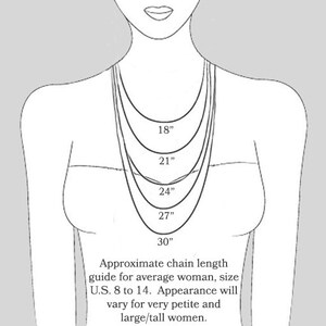 May include: A diagram showing different necklace lengths in inches, from 18 inches to 30 inches. The text reads: "Approximate chain length guide for average woman, size U.S. 8 to 14. Appearance will vary for very petite and large/tall women."