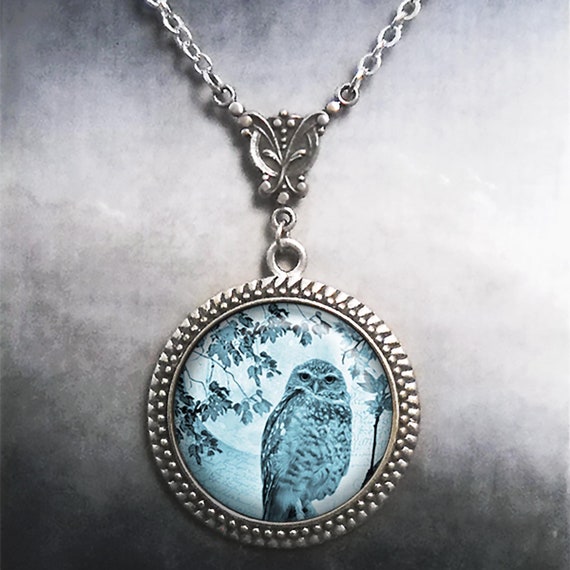 Mystic Owl Art Nouveau necklace, owl jewelry gift for owl lover or owl collector symbolic jewelry night owl gift blue moon owl