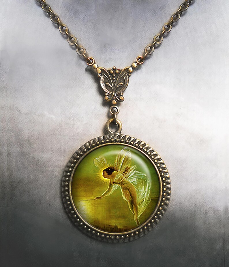 Spirit of the Night Art Nouveau fairy necklace, antique fairy art gift Grimshaw art protective spirit Victorian Dark Academia jewelry image 2