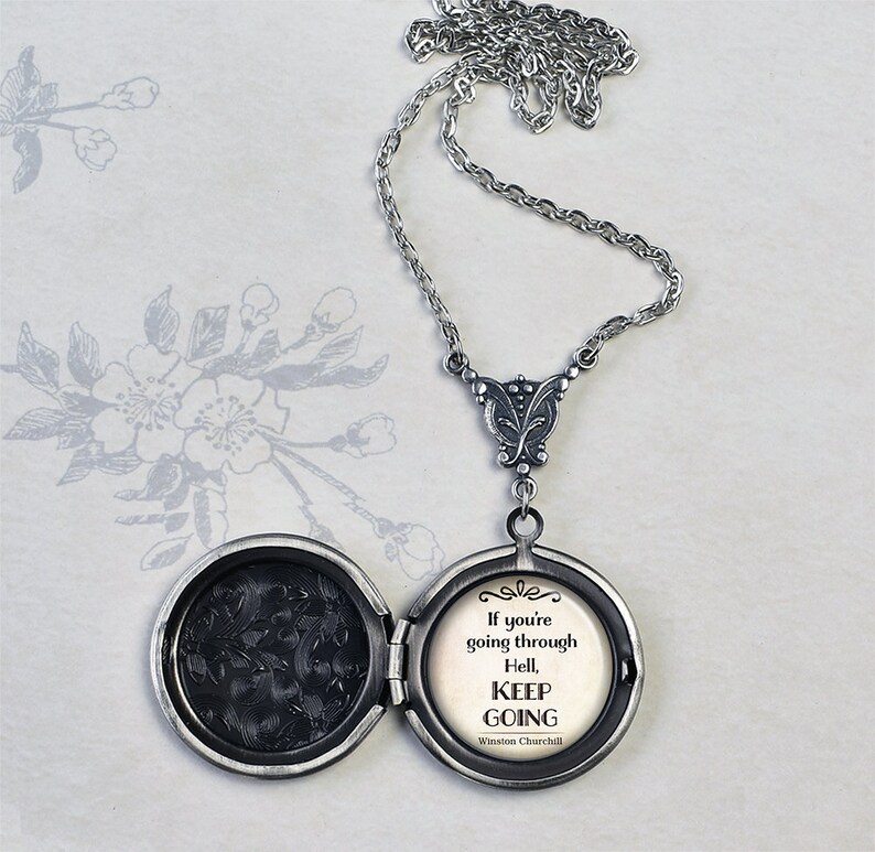 If you/'re going through Hell Keep Going quote locket motivation encouragement gift strength and determination quote jewelry photo locket
