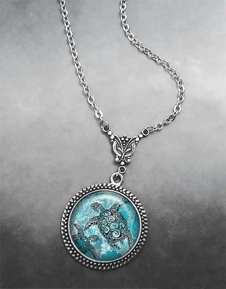 Sea Turtles Art Nouveau necklace, sea turtle jewelry turtle lover gift sea or ocean jewelry marine animal art nautical sea life jewelry G197 image 3