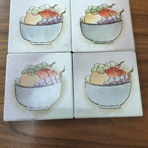 Hand Painted Tile Set Of Four, Japanese Vintage Still Life Artwork