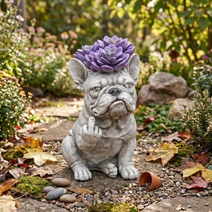 May include: A concrete bulldog statue with a purple succulent plant on its head. The dog is seated, giving the middle finger. The statue is gray and sits on a stone path in a garden setting.
