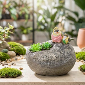 Può includere: Una fioriera in pietra grigia con due piccole piante succulente e due figurine decorative di uccelli. Un uccello è rosa e giallo, l'altro è verde e giallo. La fioriera è su una superficie chiara.