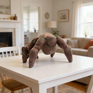 May include: A brown plush toy spider with green accents, posed on a white table. The spider has multiple legs and a rounded body. The toy is made of soft material and is designed to resemble a spider.