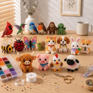 May include: A collection of small, handcrafted beaded figurines including birds, insects, and animals like a cat, dog, rabbit, and cow. The set includes a clear plastic organizer filled with colorful beads, a spool of white thread, and metal scissors.