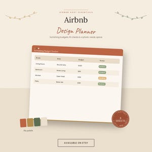 Planificador de diseño de Airbnb, Rastreador de presupuesto de mobiliario para alquileres a corto plazo, Verificador de ajuste de muebles, Hoja de cálculo para anfitriones de alquileres a corto plazo, Hojas de cálculo de Google Excel