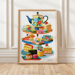 Kunstdruck „Nachmittagstee“, florale Teekannen- und Kuchenillustration, Dekoration für eine englische Teeparty, Poster mit Dessertmotiv für die Landhausküche