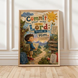 Könnte beinhalten: Ein gerahmter Kunstdruck mit einem jungen Kind mit Rucksack auf einem Pfad in einer Berglandschaft. Der Text lautet: Commit your way to the Lord; trust in Him. Psalm 37:5. Zusätzlicher Text umfasst: He knows the way better than we do.