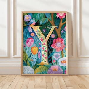 Floral Letter Y Nursery Wall Art, Personalized Initial Poster, Botanical Alphabet Print, Bird Nursery Decor, Kids Room Gift
