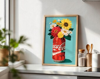 Retro Coca Cola Flower Vase Print, Vintage Soda Bottle Floral