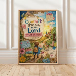 May include: A framed wall art print featuring a child with a backpack and a small dog walking on a path toward a castle. The text reads: Commit your way to the Lord; trust in Him. Psalm 37:5. Additional notes say: Take one step at a time, Pray, Trust, Let Go, He knows the way better than we do, and He will make your path beautiful.