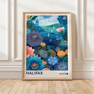 Puede incluir: Una impresión artística enmarcada que presenta una vibrante ilustración de Halifax, Canadá. La obra de arte muestra una escena costera con un faro, veleros y flores coloridas en tonos azules, rosas y naranjas. La palabra "HALIFAX" está impresa en la parte inferior.