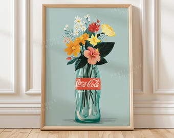 Minimal Coca Cola Bottle Flower Poster, Retro Floral Wall Art, Vintage Soda Bottle Print, Modern Kitchen Decor Artwork