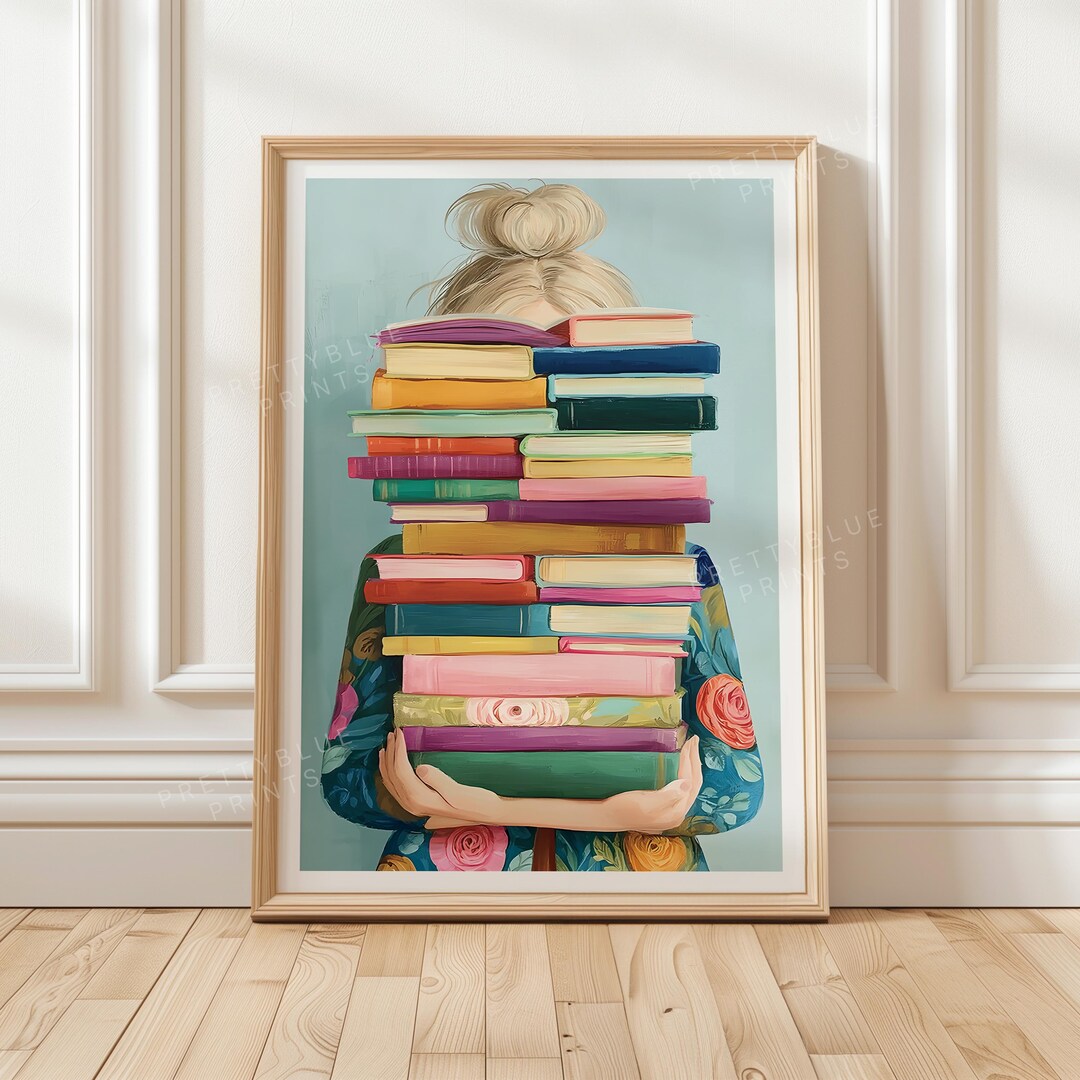 Book Lover Girl Wall Art Print, Blonde Reader Poster, Colourful