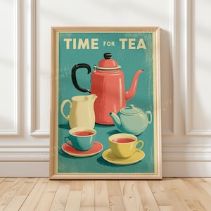 È ora di tè! Stampa retrò per la cucina, poster con teiera color corallo, decorazione moderna di metà secolo per la cucina, arte murale vintage a tema tè.