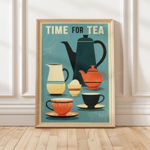 Poster retrò per l'ora del tè, decorazione murale per cucina in stile metà secolo, illustrazione di una teiera vintage, arredamento scandinavo per la cucina, colore blu.