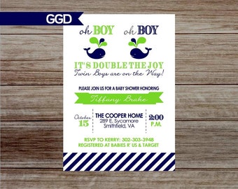 Twins Baby Shower Invitation, preppy baby shower invite, whale baby shower, baby shower invitation, baby boy shower invitation