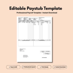 Könnte beinhalten: Eine bearbeitbare Gehaltsabrechnungsvorlage mit einem professionellen Layout, das Spalten für Verdienste, Steuern und Abzüge enthält. Das Dokument bietet Textfelder für Mitarbeiterdaten, Firmendetails und Beträge, gekennzeichnet als nicht verhandelbar.