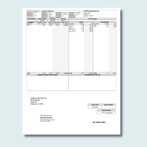 May include: A printed document labeled "Statement of Earnings" for Johnna Garrison. The document includes earnings, taxes, and deductions, with a check amount of $158.75. The document is from Staffing Visionaries Inc.