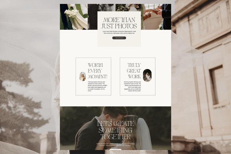 K&ouml;nnte beinhalten: Ein Website-Design in neutralen Farben mit den Texten &bdquo;MORE THAN JUST PHOTOS&ldquo; und &bdquo;WORTH EVERY MOMENT!&ldquo; und &bdquo;TRULY GREAT WORK&ldquo;. Das Design enth&auml;lt Bilder einer Hochzeit und eines Paares.