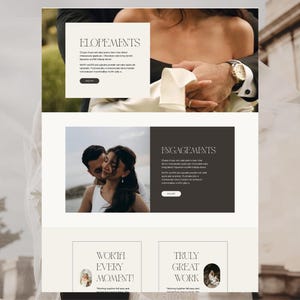 K&ouml;nnte beinhalten: Webdesign mit Hochzeitsfotografie und Text. Der obere Abschnitt zeigt das Wort "ELOPEMENTS" mit einem sich an den H&auml;nden haltenden Paar. Der mittlere Abschnitt zeigt ein sich umarmendes Paar mit dem Wort "ENGAGEMENTS". Der untere Abschnitt enth&auml;lt die W&ouml;rter "WORTH EVERY MOMENT!" und "TRULY GREAT WORK".