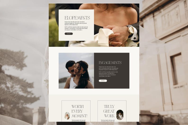 K&ouml;nnte beinhalten: Webdesign mit Hochzeitsfotografie und Text. Der obere Abschnitt zeigt das Wort "ELOPEMENTS" mit einem sich an den H&auml;nden haltenden Paar. Der mittlere Abschnitt zeigt ein sich umarmendes Paar mit dem Wort "ENGAGEMENTS". Der untere Abschnitt enth&auml;lt die W&ouml;rter "WORTH EVERY MOMENT!" und "TRULY GREAT WORK".