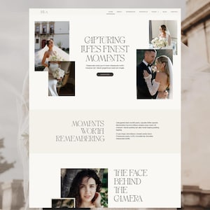 K&ouml;nnte beinhalten: Webdesign f&uuml;r ein Fotografie-Unternehmen, das Hochzeitsbilder zeigt. Das Design ist minimalistisch mit Text wie "Capturing Life's Finest Moments" und "Moments Worth Remembering". Die Farbgebung ist neutral, mit Beige- und Wei&szlig;t&ouml;nen.