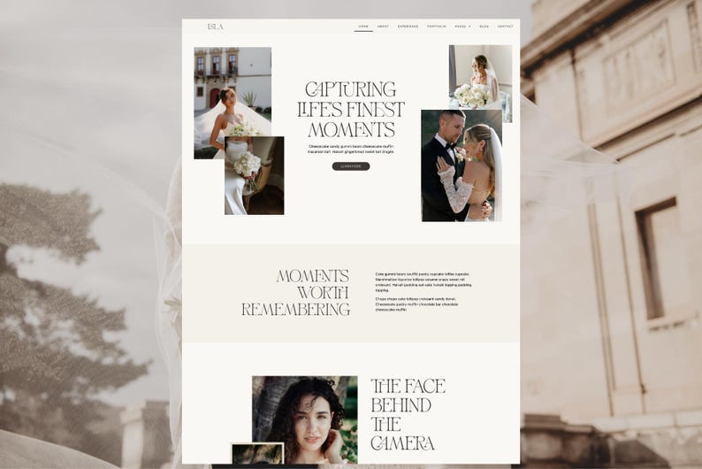 K&ouml;nnte beinhalten: Webdesign f&uuml;r ein Fotografie-Unternehmen, das Hochzeitsbilder zeigt. Das Design ist minimalistisch mit Text wie "Capturing Life's Finest Moments" und "Moments Worth Remembering". Die Farbgebung ist neutral, mit Beige- und Wei&szlig;t&ouml;nen.