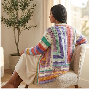 Crochet Colorful Cardigan, Handmade Granny Stripe Sweater, Boho Knit Jacket, Cozy Oversized Crochet Coat, Pastel Rainbow Cardigan
