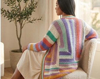 Crochet Colorful Cardigan, Handmade Granny Stripe Sweater, Boho Knit Jacket, Cozy Oversized Crochet Coat, Pastel Rainbow Cardigan