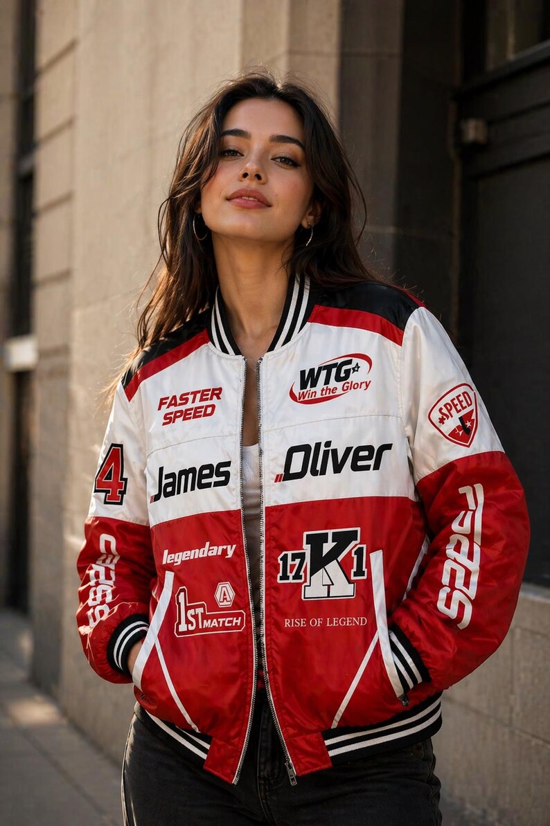 Men’s Red & White Racing Bomber Jacket – Speed Graphic Zip-up ...