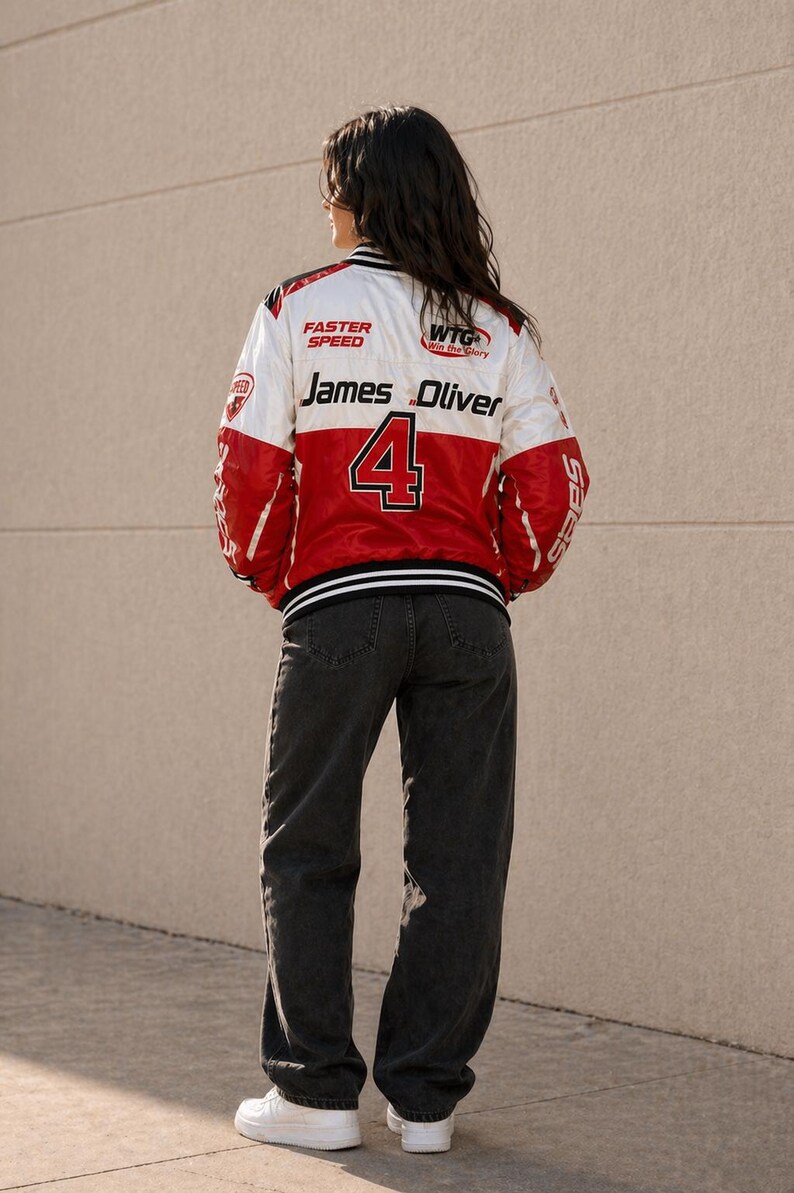 Homme Red Racing Jacket Men’s Red & White Racing Bomber Jacket – Speed Graphic Zip-up ...