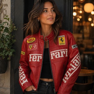 Könnte beinhalten: Rote Lederjacke mit weißem "Ferrari"-Schriftzug und Logos. Die Jacke hat einen Stehkragen und einen Reißverschluss. Aufnäher auf den Ärmeln und der Brust sorgen für Details. Getragen mit einem schwarzen Top und schwarzen Jeans.