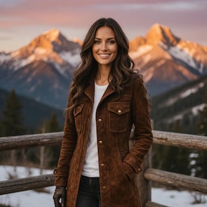 Könnte beinhalten: Braune Wildlederjacke mit Knopfleiste, zwei Brusttaschen und Kragen. Getragen über einem weißen T-Shirt und dunklen Jeans. Im Hintergrund eine Bergkette und ein Holzzaun.
